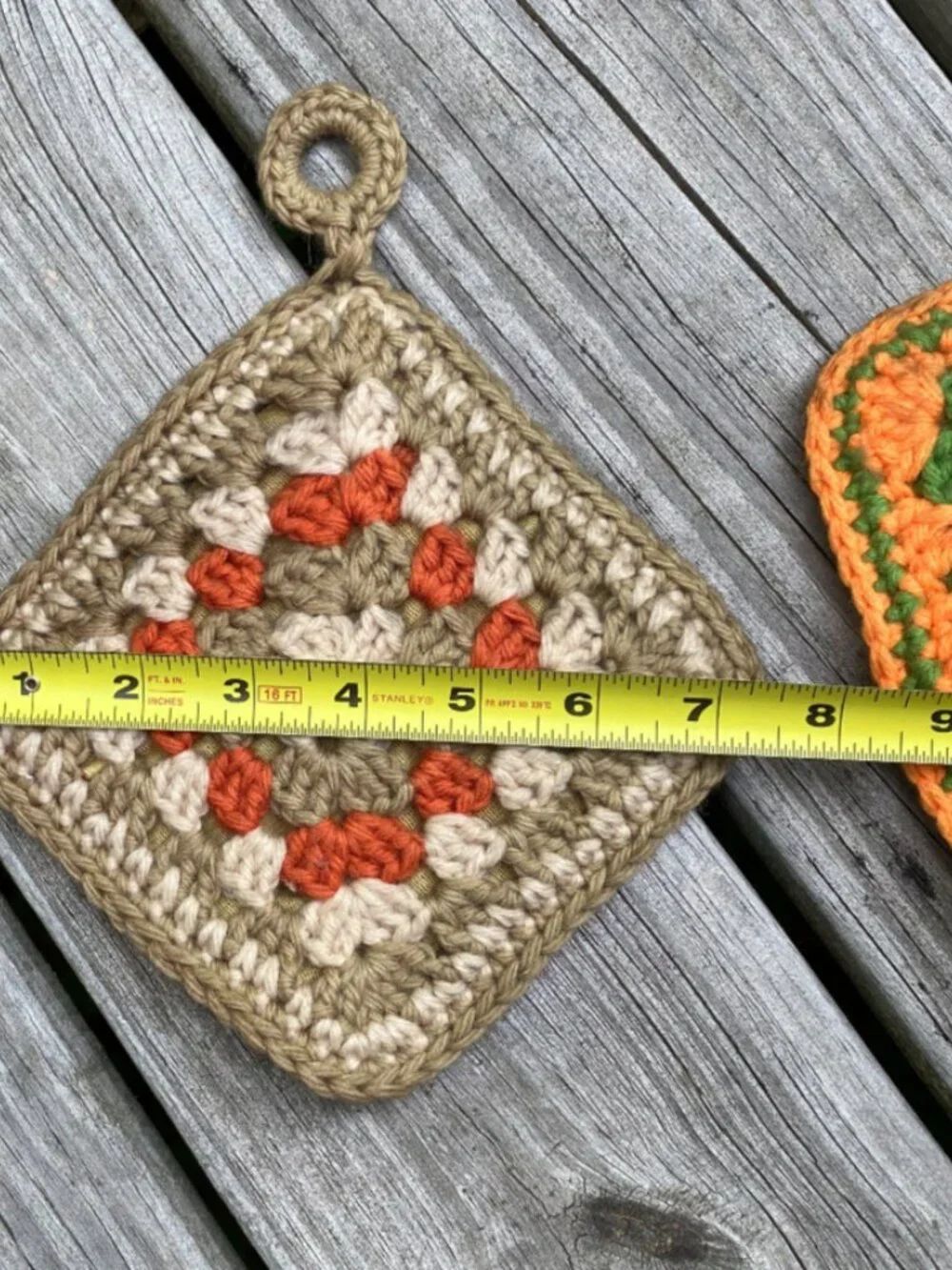 Granny square Potholders Double-sided 7 X 7 Handmade Green Orange Brown Crochet